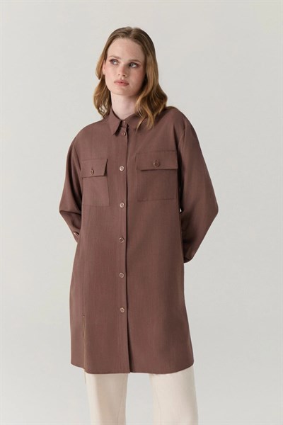 Kapak Cepli Düğme Detaylı Akıcı Kahve Tunik 1655