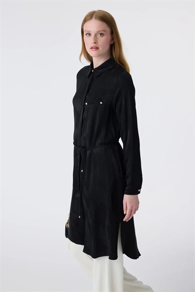 Jakarlı Bağlama Detaylı Siyah Tunik 1675