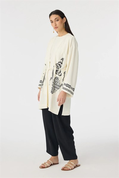 Etnik Desenli Siyah Kimono Ceket Takım 1943