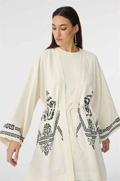 Etnik Desenli Siyah Kimono Ceket Takım 1943