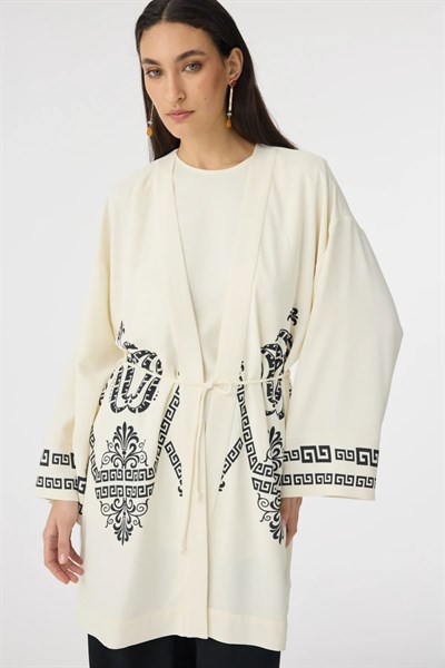 Etnik Desenli Siyah Kimono Ceket Takım 1943