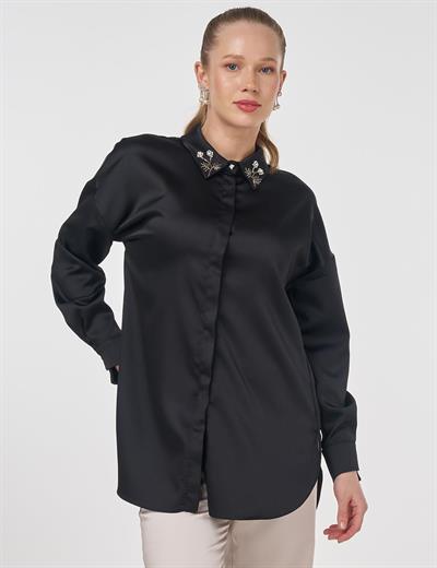 Yaka Taş Detaylı Siyah Saten Tunik 21213