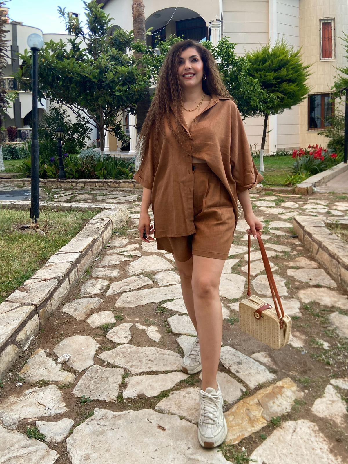 Kahve Keten Şortlu Takım