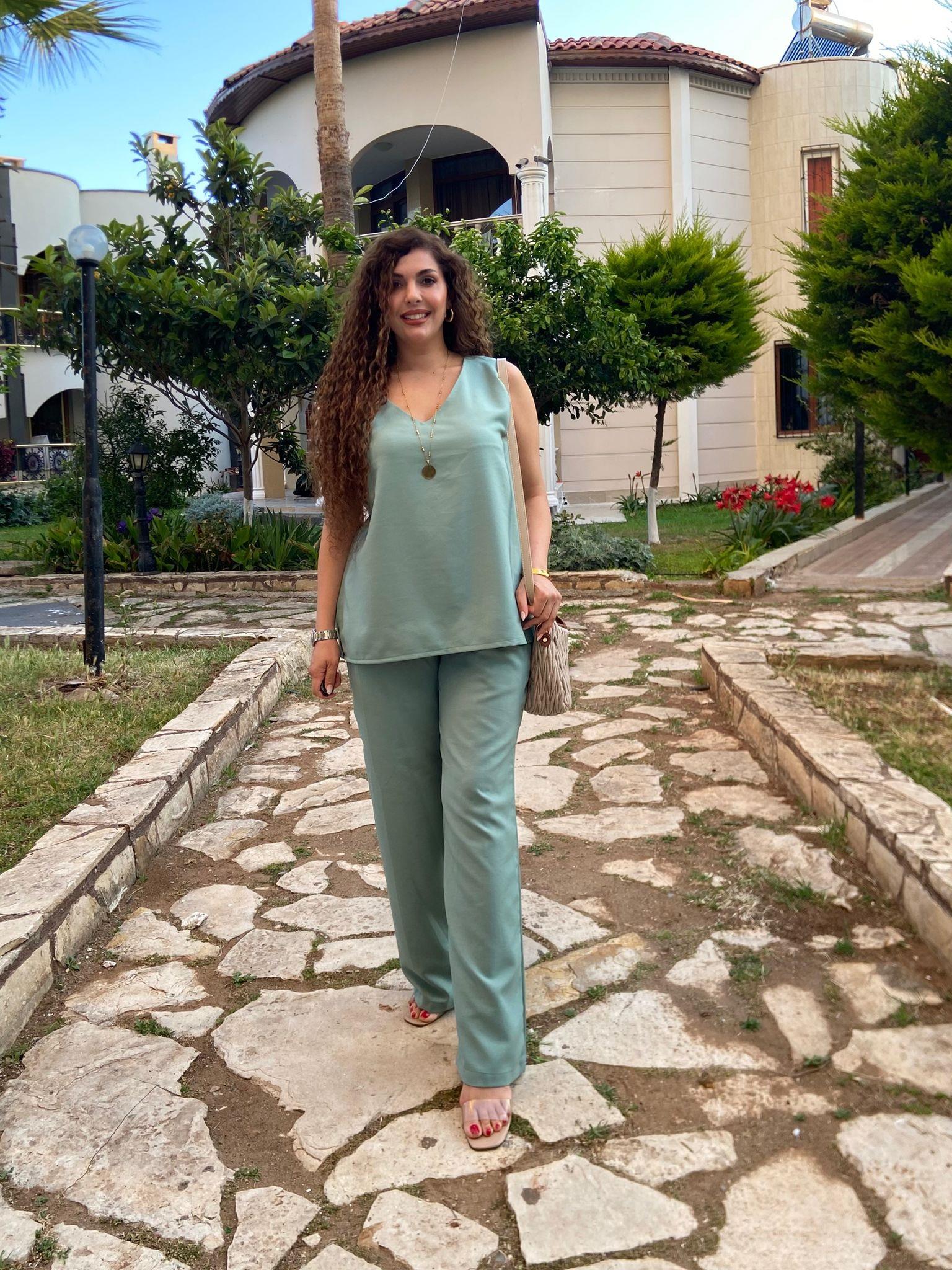Mint Yeşili Keten Melaj Takım
