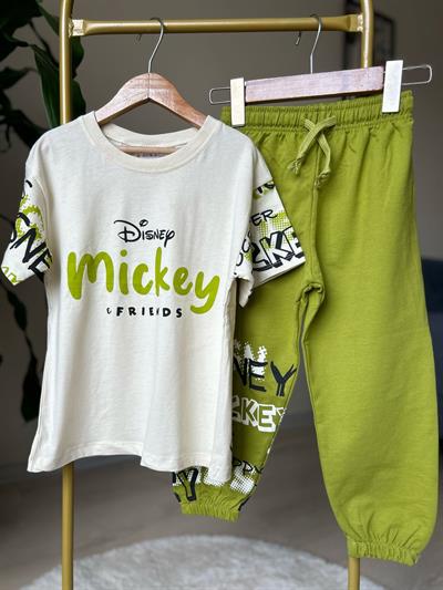Fıstık Yeşili Mickey Baskılı Pantolonlu Takım