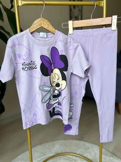 Lila Minnie Mouse Baskılı Taytlı Takım