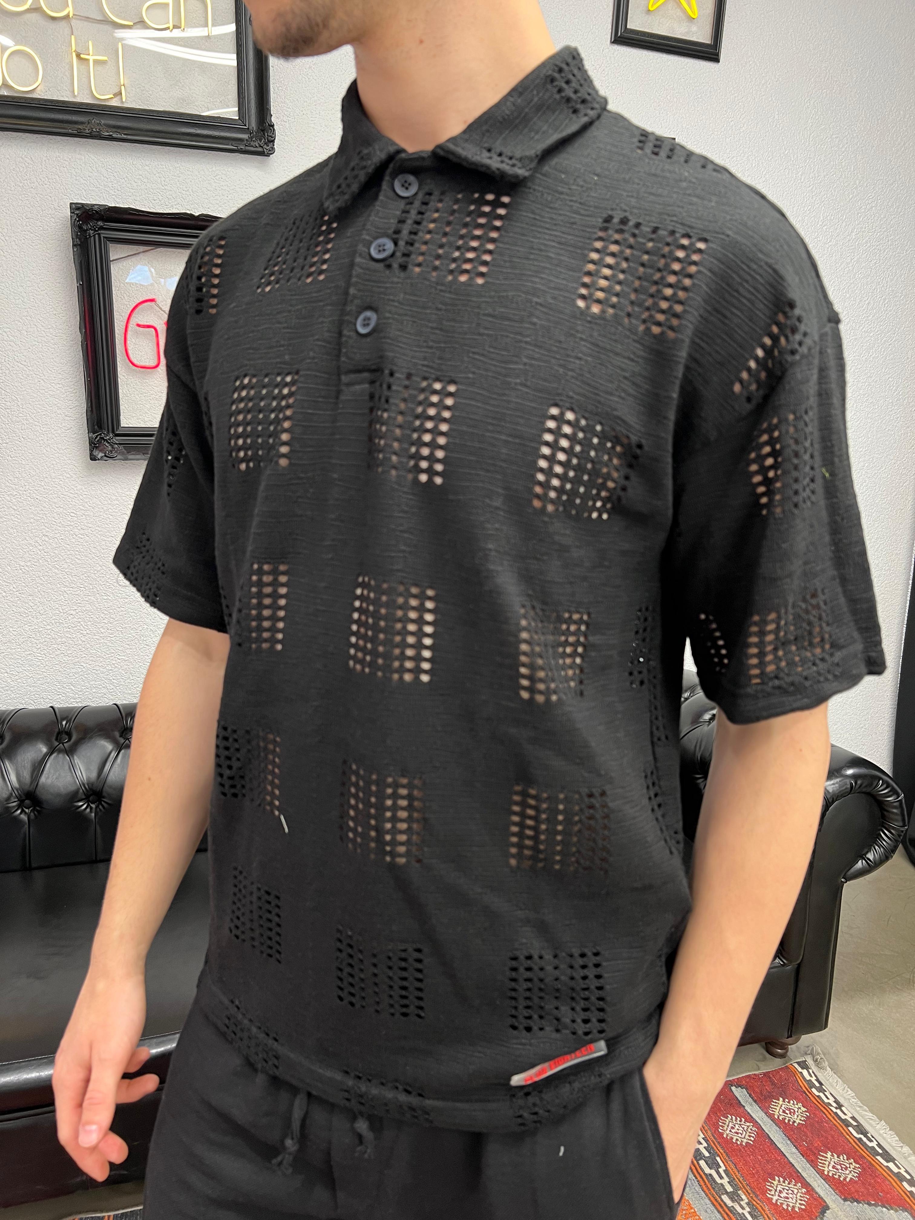 Delikli Polo Yaka T-Shirt Siyah