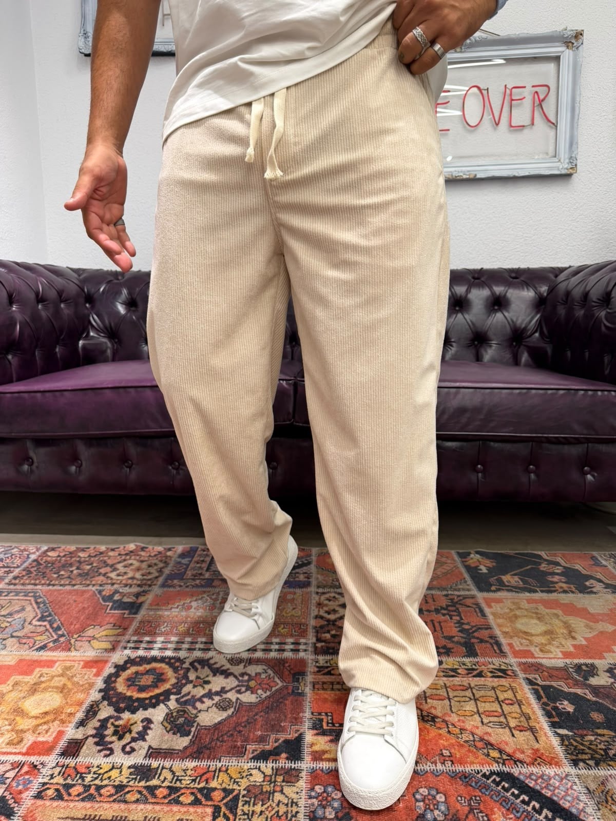 Kadife Baggy Pantolon Beli Lastikli Bej