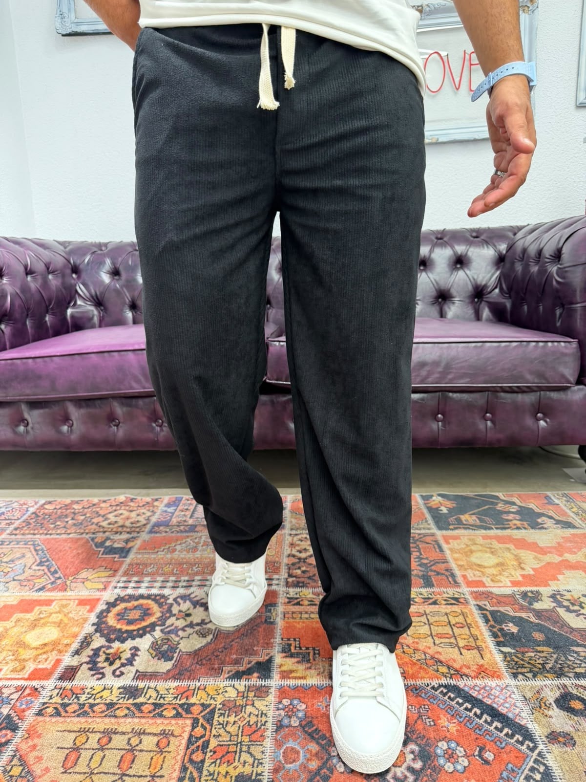 Kadife Baggy Pantolon Beli Lastikli Siyah