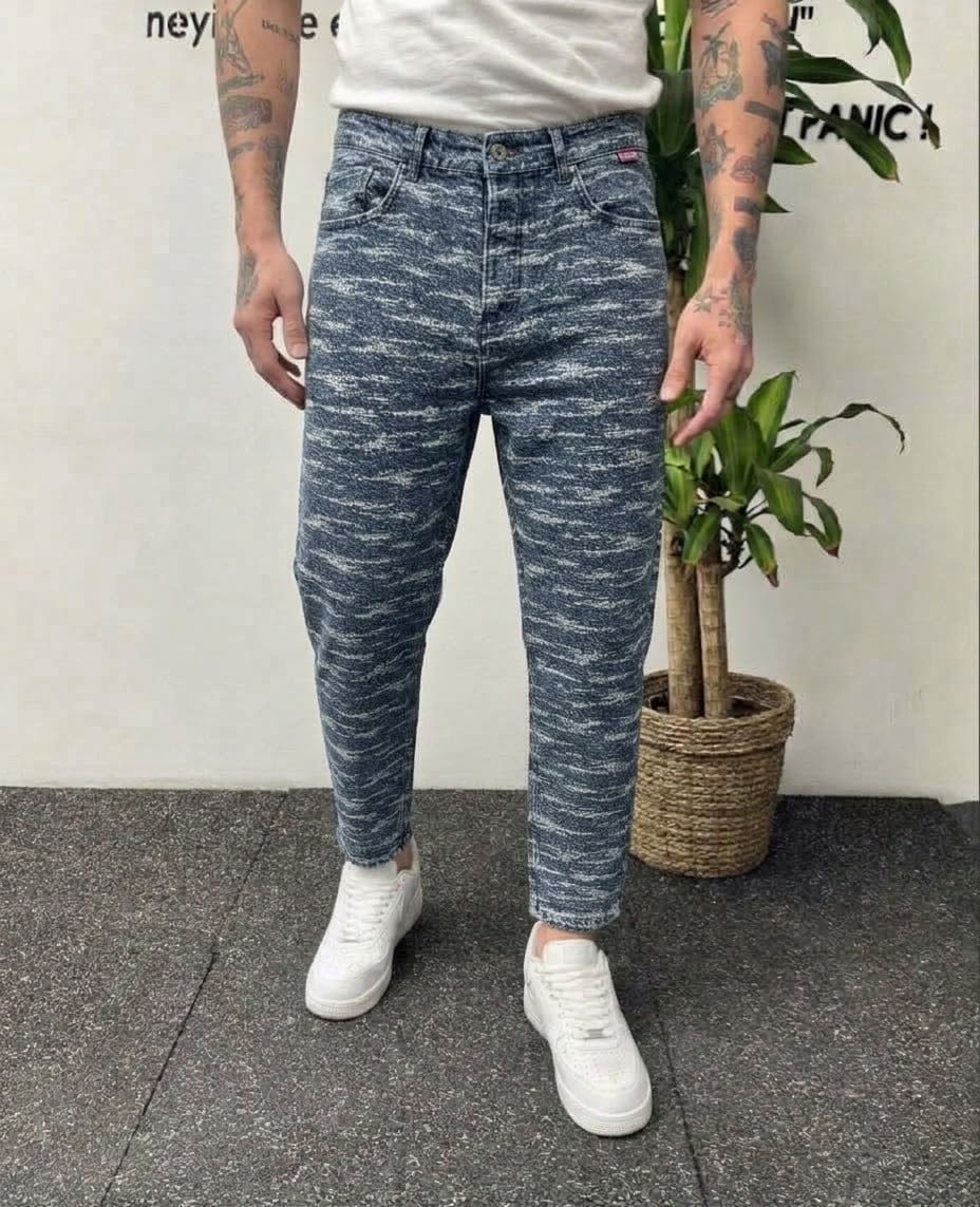 Kendiliğinden Desenli Boyfriend Kot Mavi