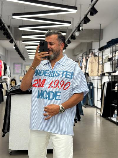 Çizgili Baskı Detaylı Kısa Kol Oversize Gömlek Mavi