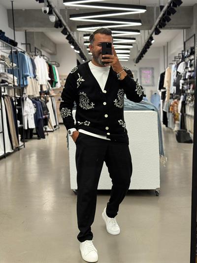 Desenli Oversize Hırka Siyah