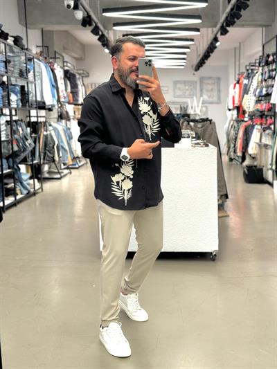 Fresh Keten Kumaş Oversize Baskı Detatylı Siyah