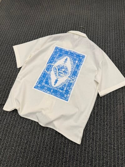 Keten Arka Sırt Baskı Ön Minimal Baskı Oversize Gömlek Beyaz