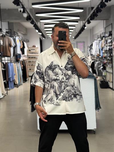 Kısa Kol Oversize Baskı Detaylı Gömlek Bej
