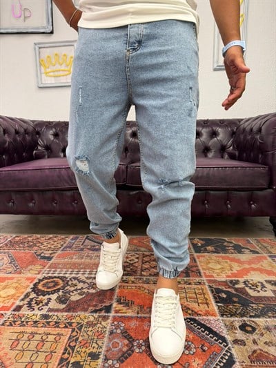 Lazer Yırtıklı Paça Lastikli Kot Jogger Buz Mavi