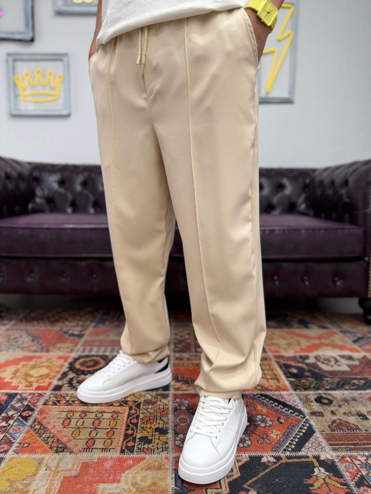 Baggy Kalıp Çımalı Likralı Pantolon Bej