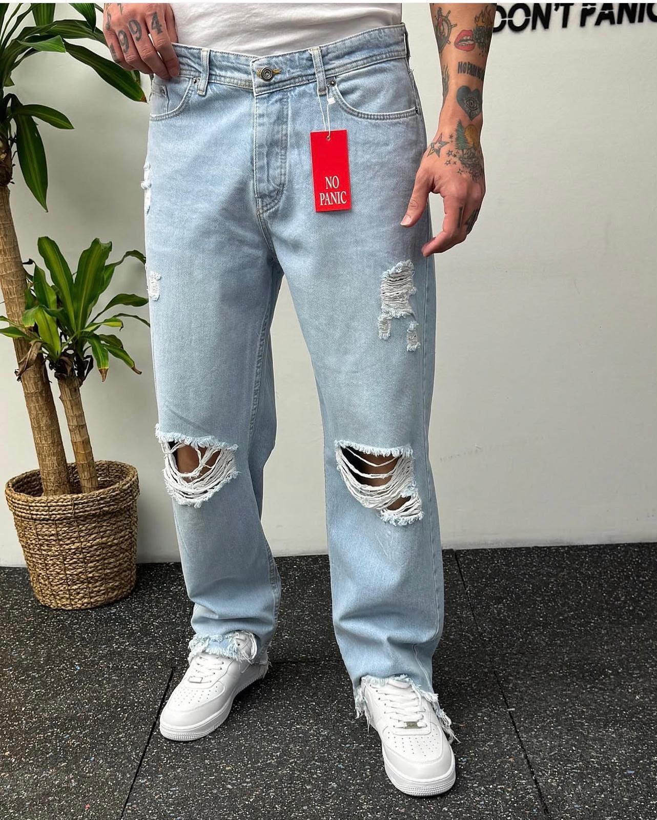 Baggy Yırtık Desenli Kot Açık Mavi