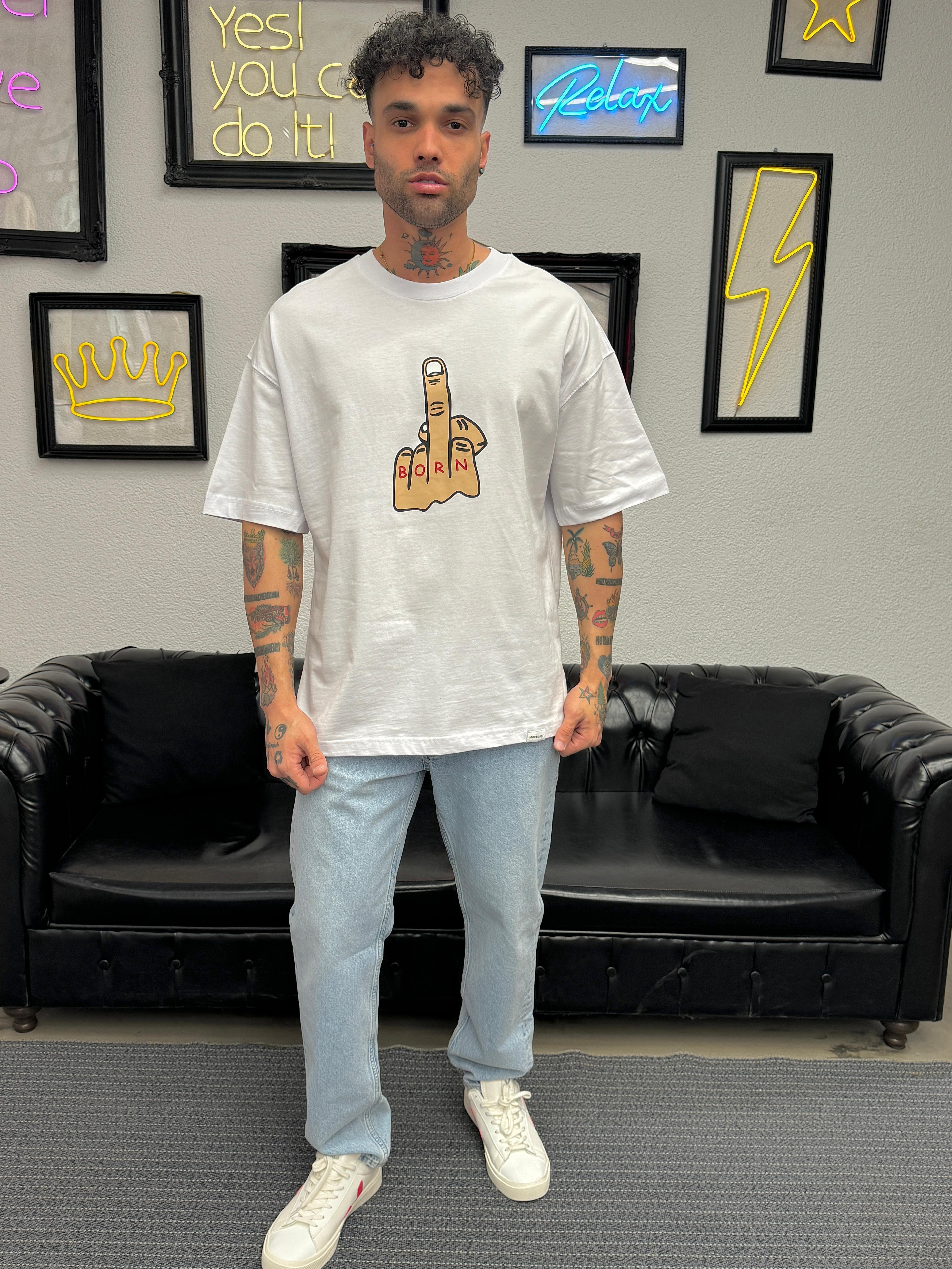 Born Baskı Detay Süper Oversize Tişört Beyaz