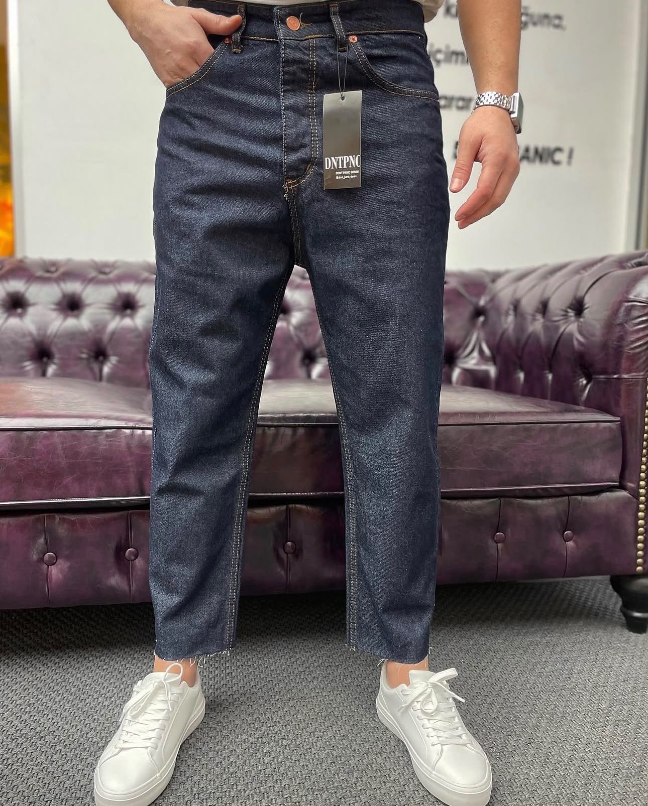 Boyfriend Paça Detay Kot Pantolon Koyu Mavi