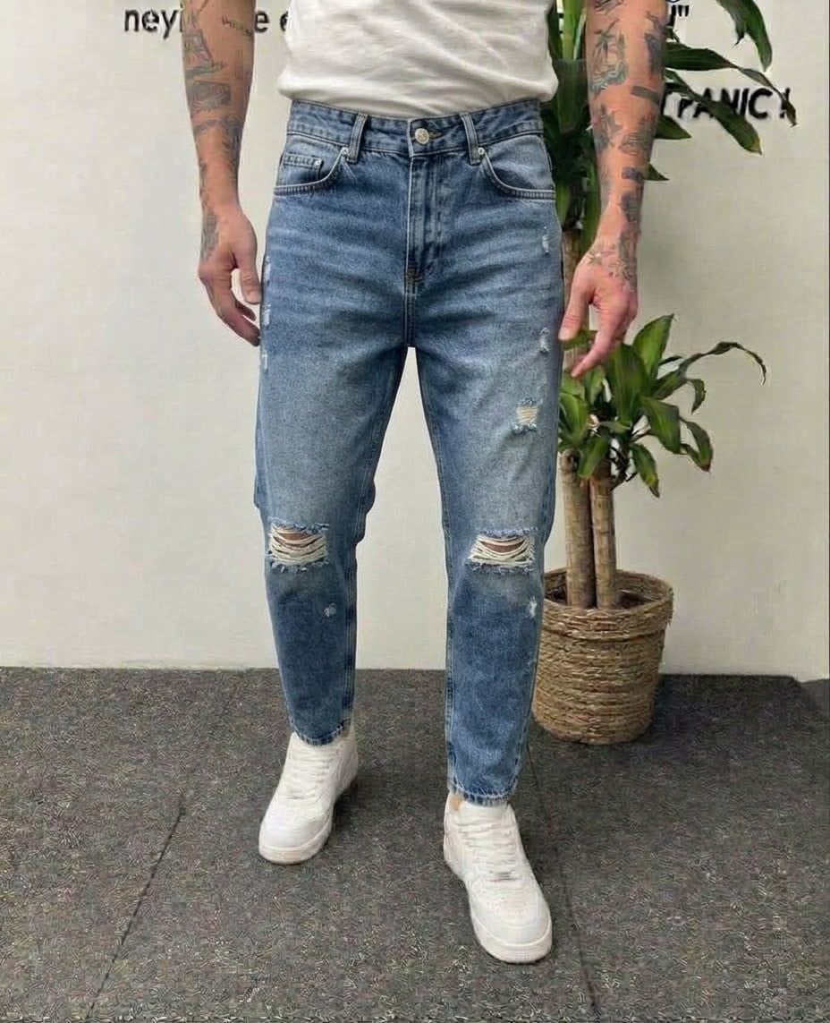 Diz Yırtık Boyfriend Kot Mavi