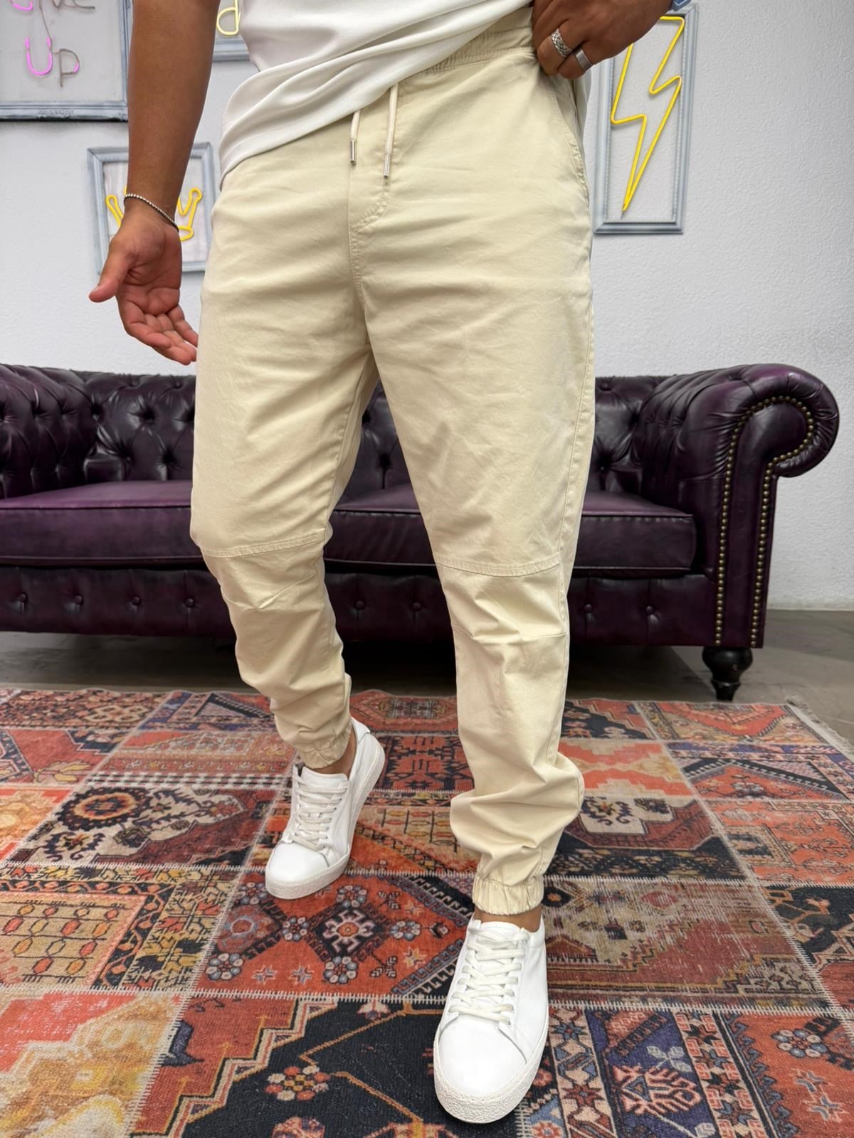 Gabardin Paça Lastikli Jogger Bej