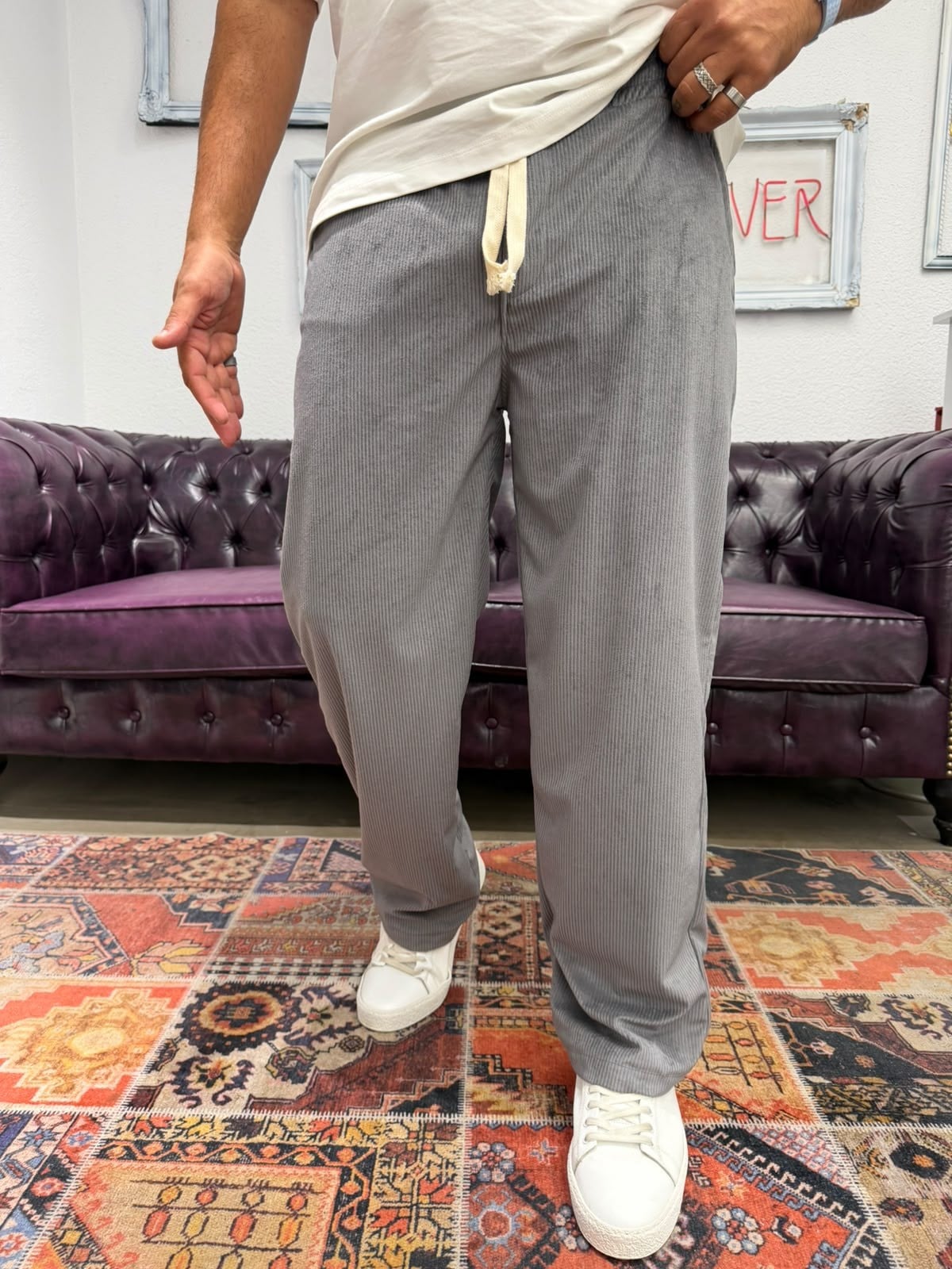 Kadife Baggy Pantolon Beli Lastikli Gri