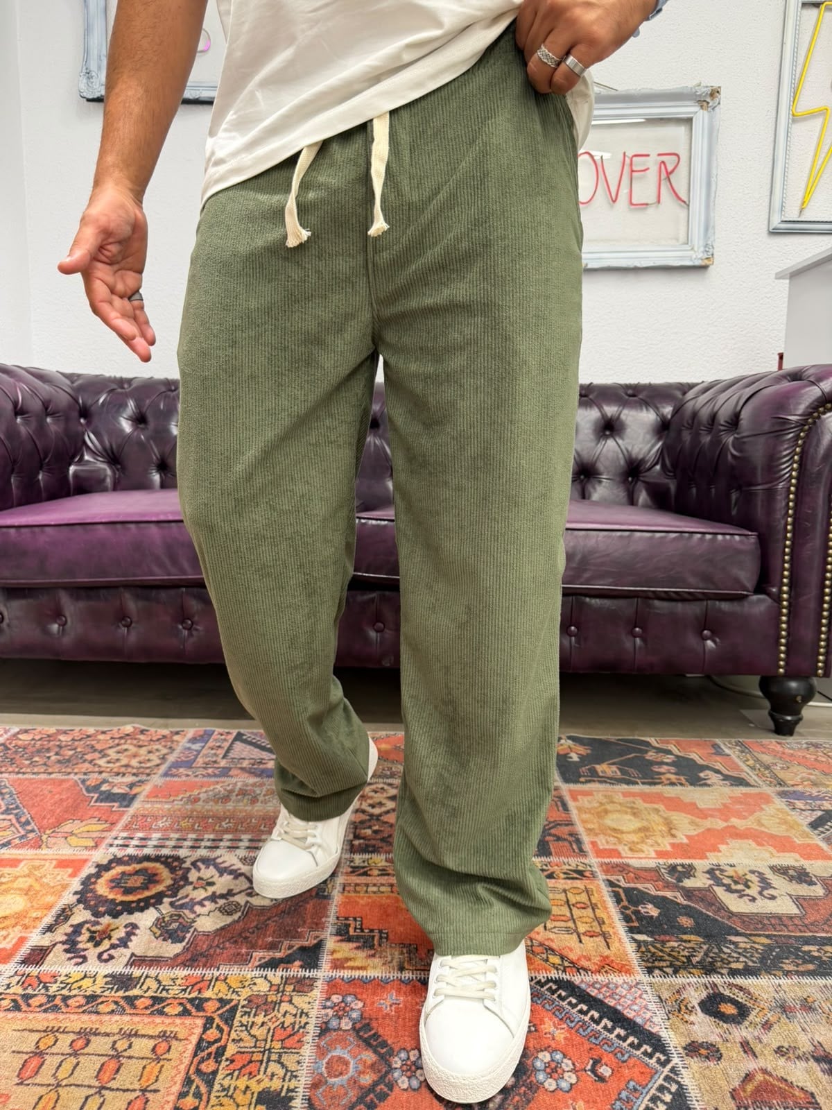 Kadife Baggy Pantolon Beli Lastikli Haki