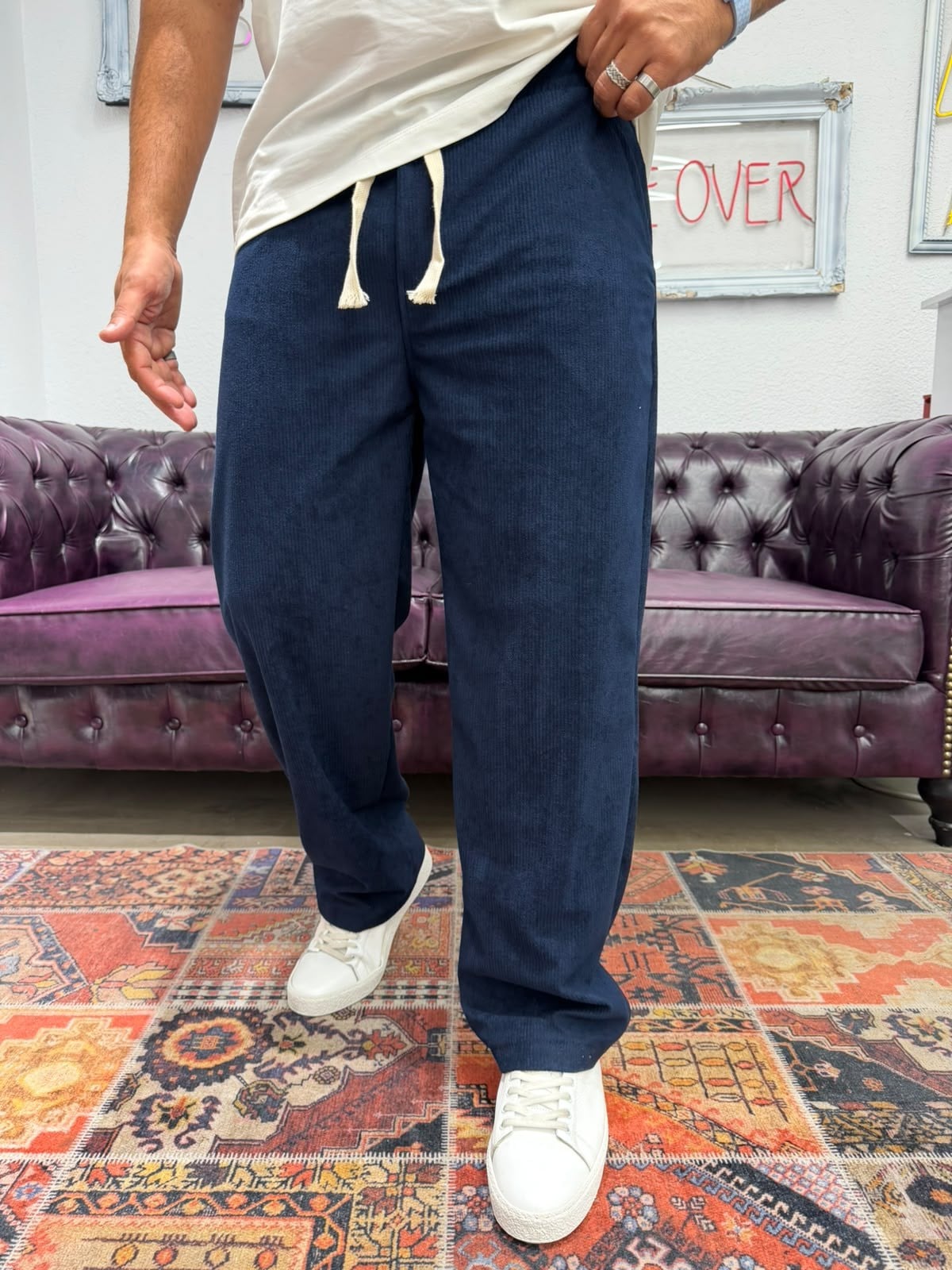 Kadife Baggy Pantolon Beli Lastikli Lacivert