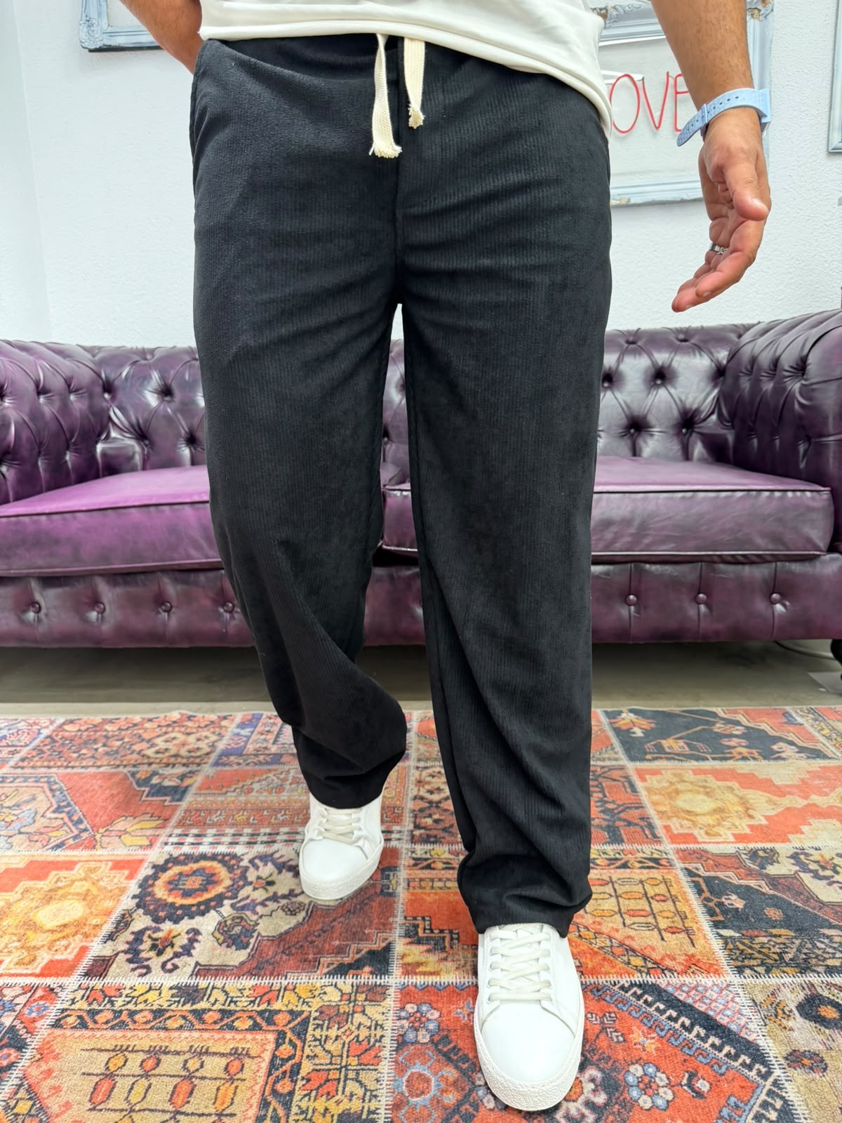 Kadife Baggy Pantolon Beli Lastikli Siyah