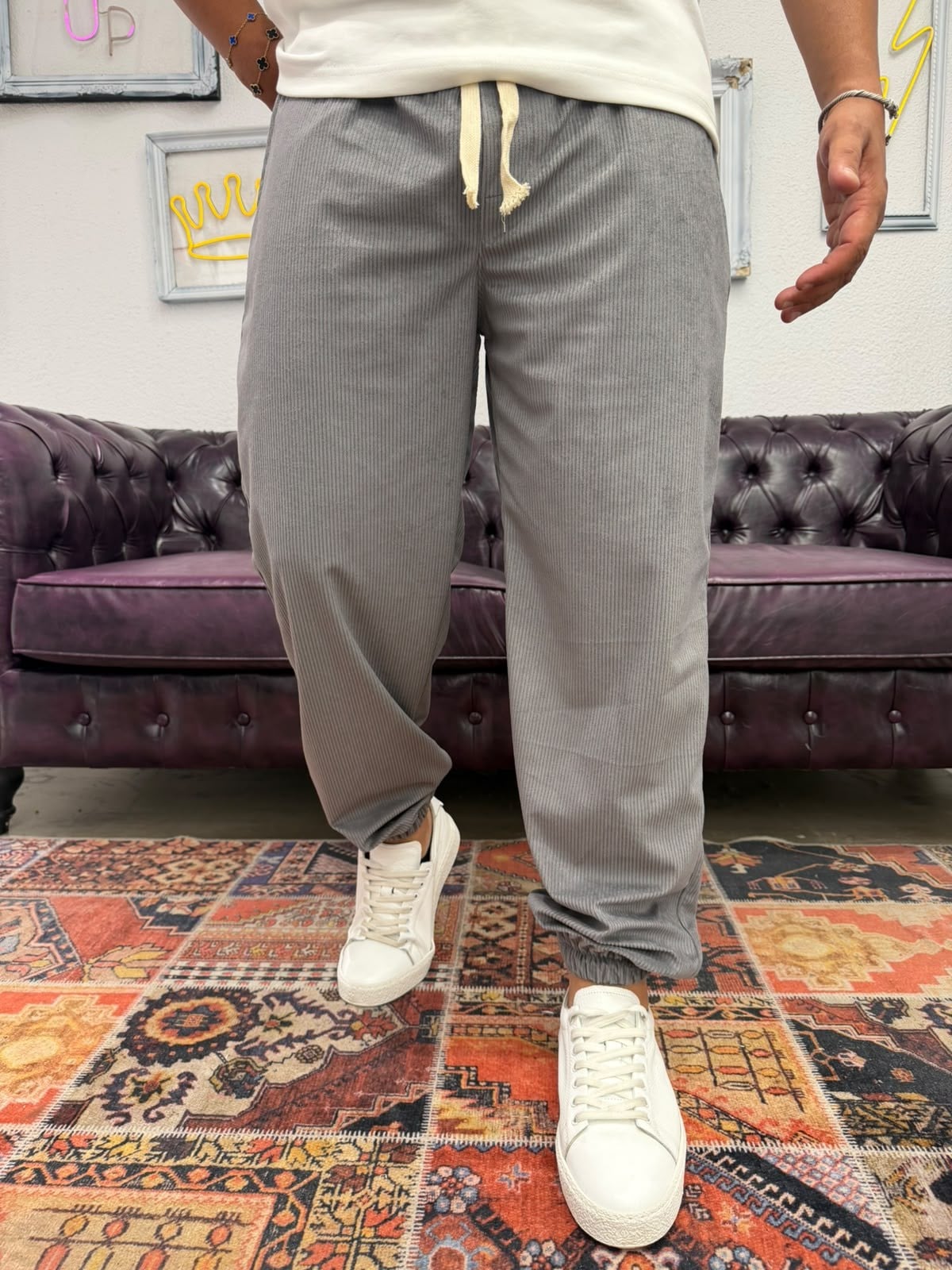 Kadife Bel ve Paça Lastikli Jogger Pantolon Gri