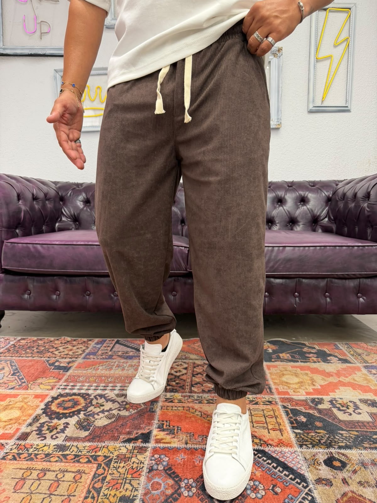Kadife Bel ve Paça Lastikli Jogger Pantolon Acı Kahve
