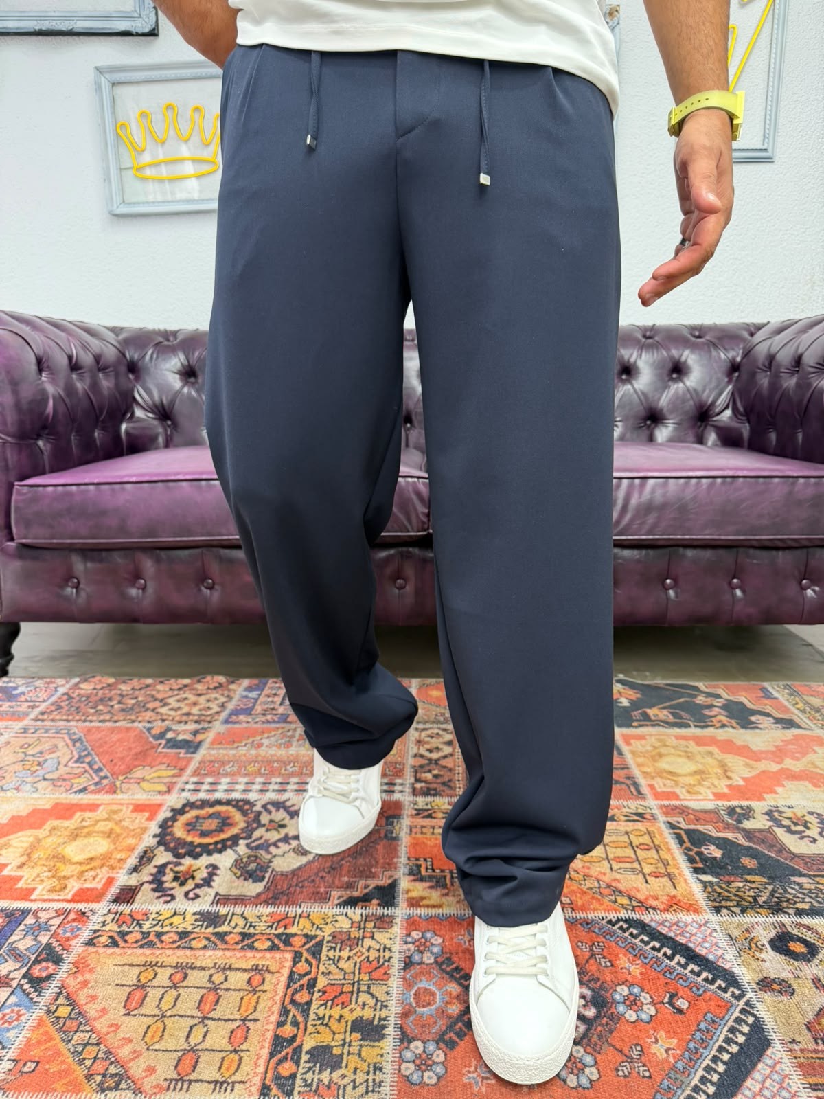Kumaş Baggy Pantolon Bel Ayarlanabilir Lacivert