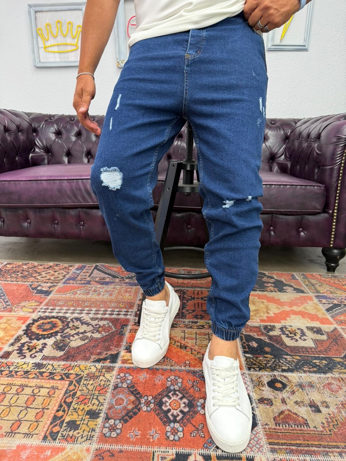 Lazer Yırtıklı Paça Lastikli Kot Jogger Lacivert