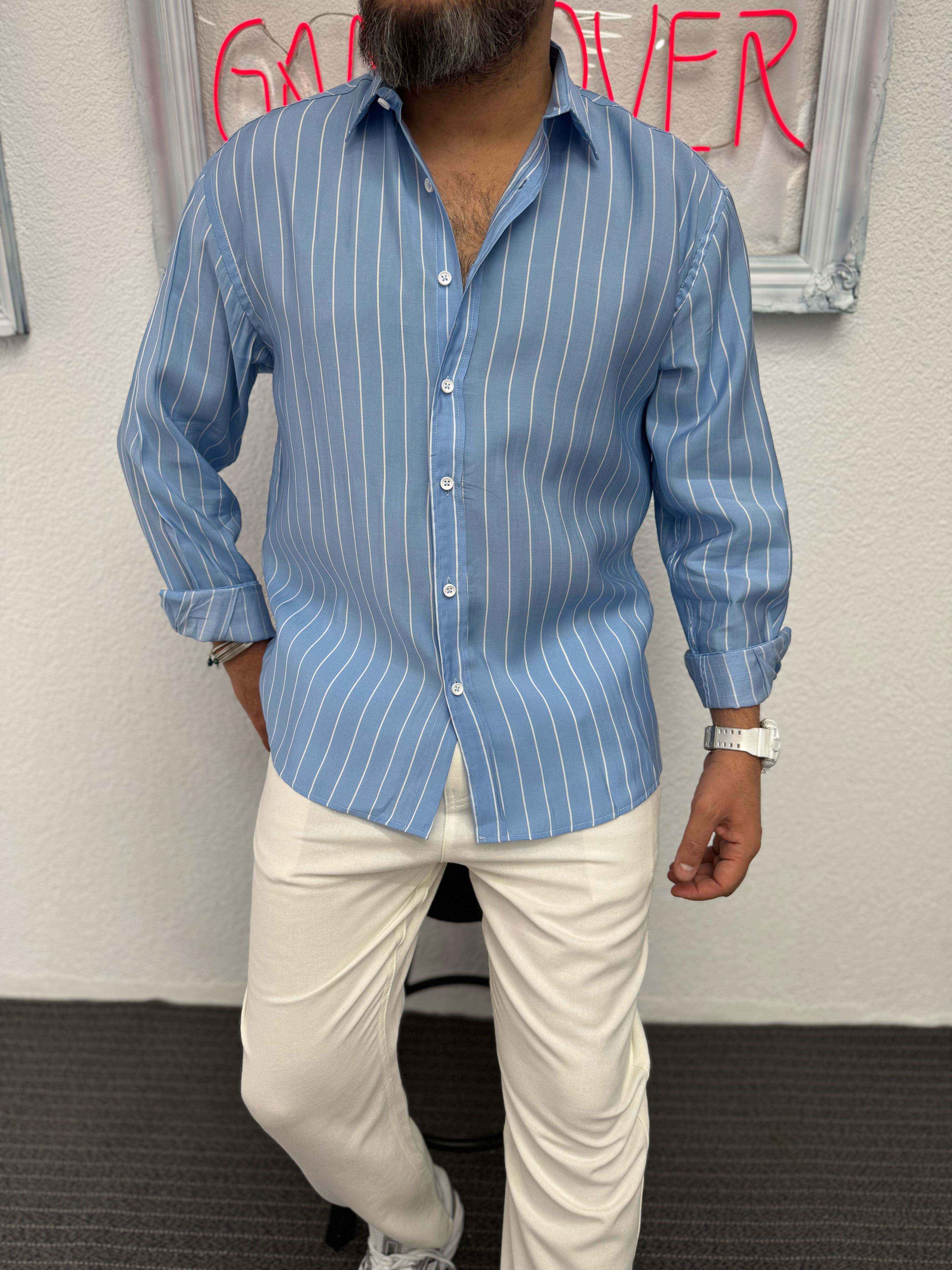 Modal Kumaş Oversize Mavi Beyaz Çizgili  Gömlek