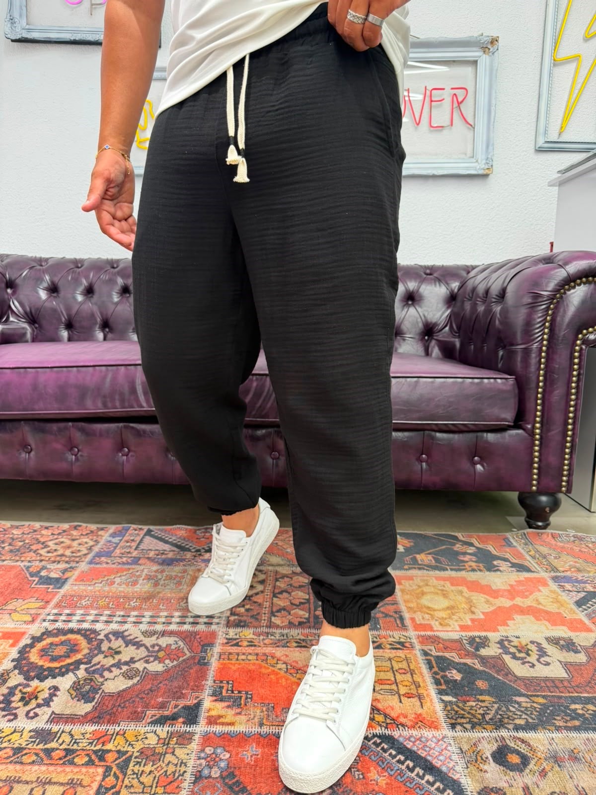 Müslin Kumaş Paça Lastik Jogger Pantolon Siyah
