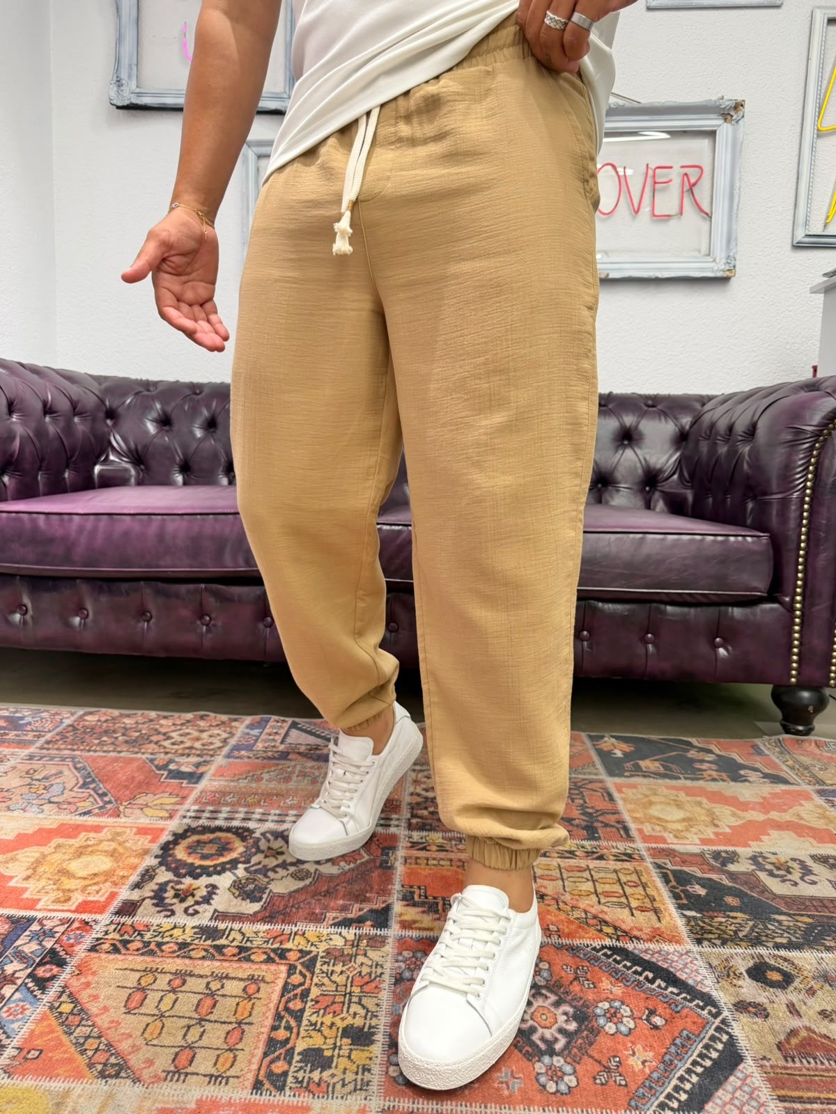 Müslin Kumaş Paça Lastik Jogger Pantolon Camel