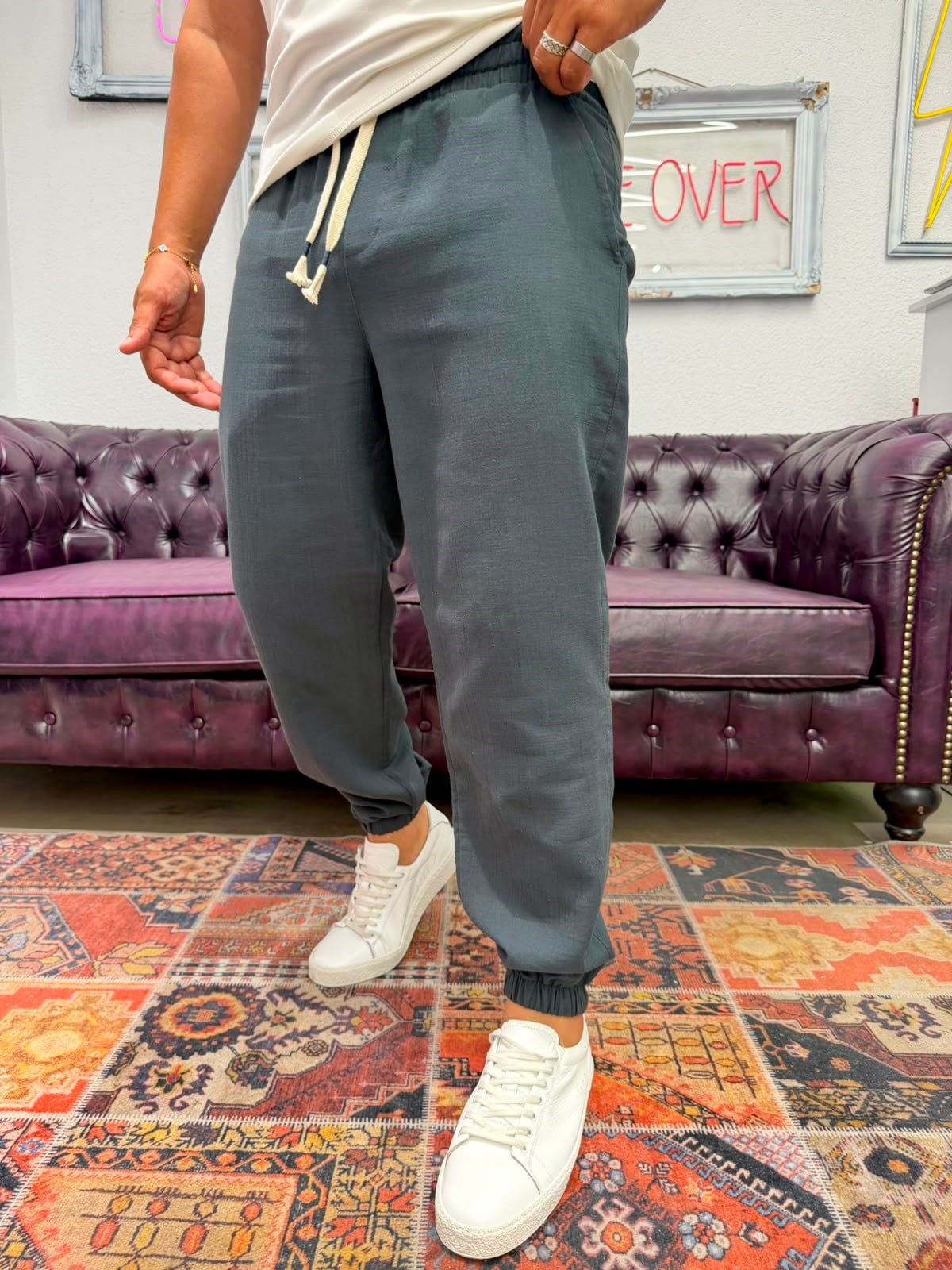 Müslin Kumaş Paça Lastik Jogger Pantolon Antrasit
