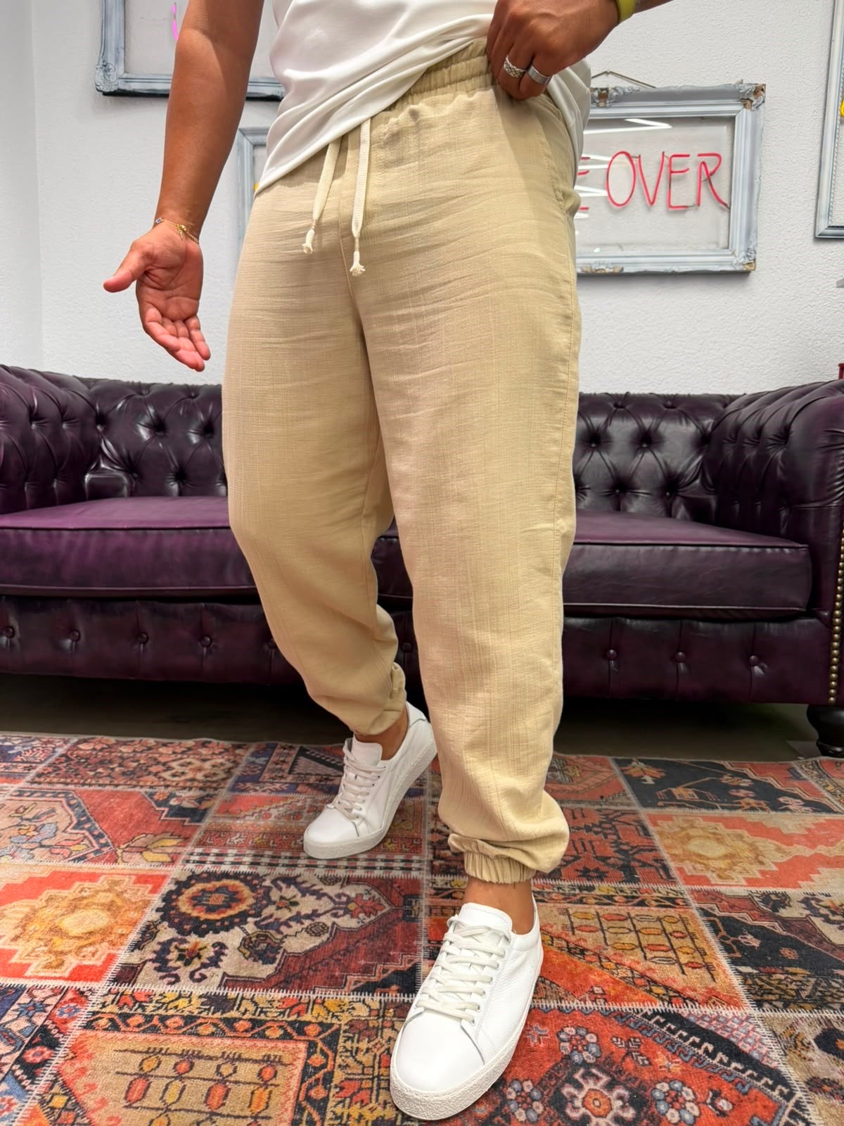 Müslin Kumaş Paça Lastik Jogger Pantolon Bej