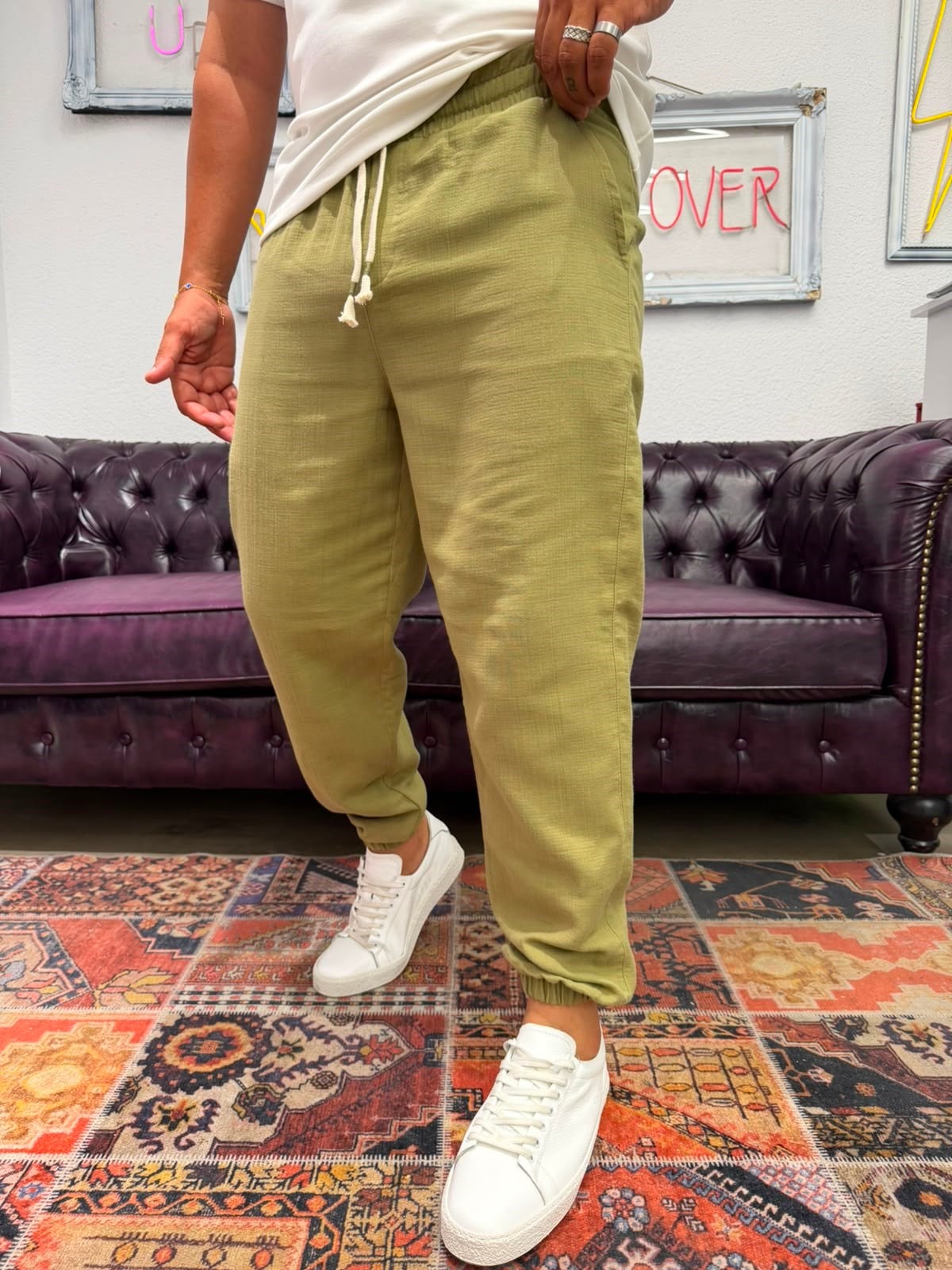 Müslin Kumaş Paça Lastik Jogger Pantolon Yeşil