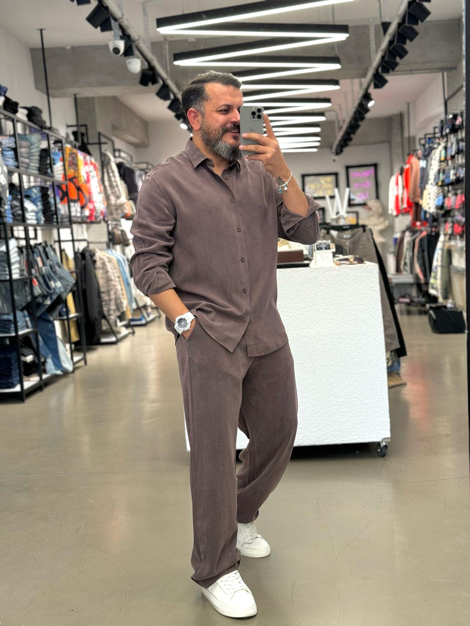Tensel Kumaş Kahve Baggy Oversize Takım 