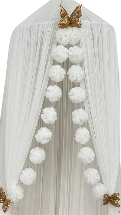 Ekru Sıralı Minik Tül Ponpon