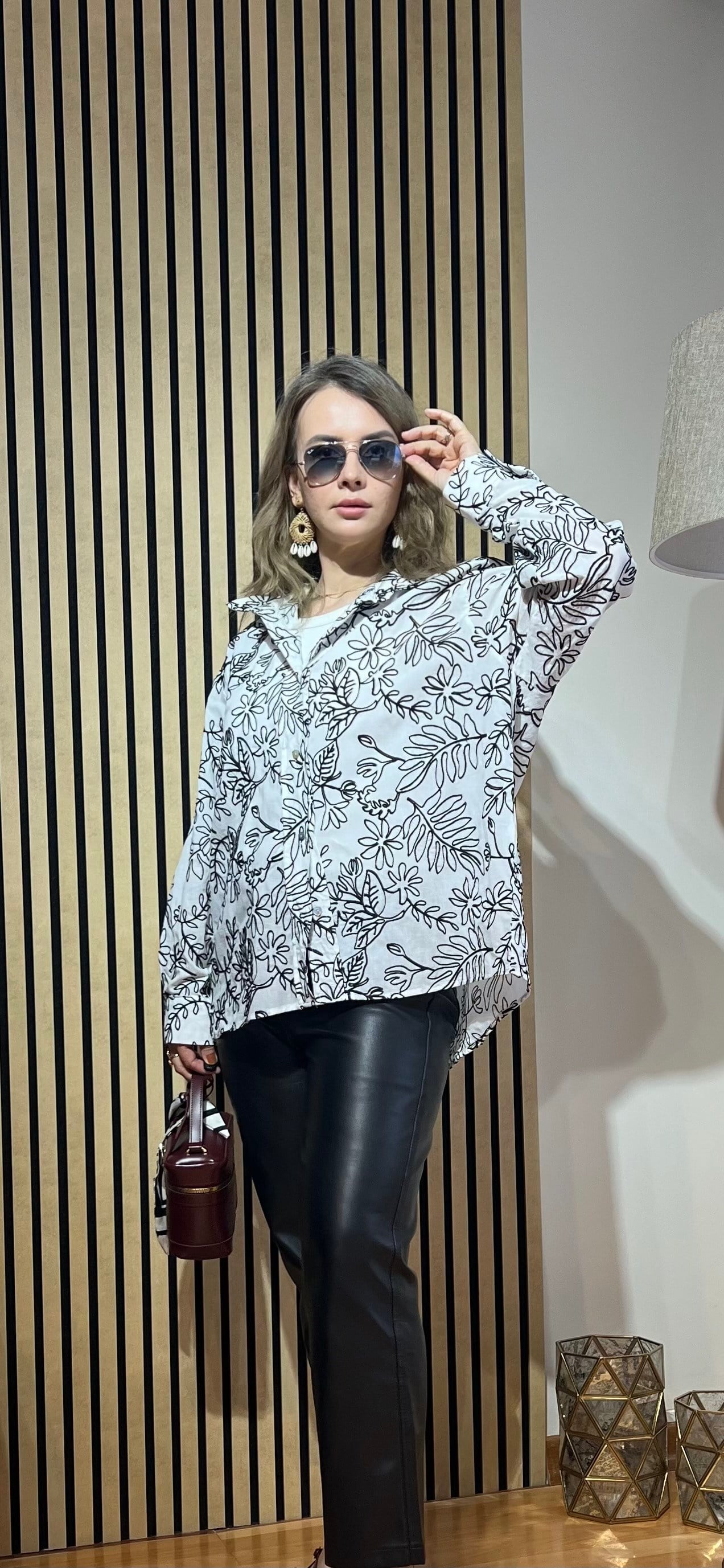 %100 Pamuk Brode Çiçek Desenli Oversize Kadın Gömlek