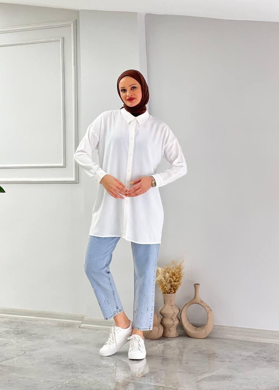 Camelya Düğmeli Beyaz Gömlek Tunik
