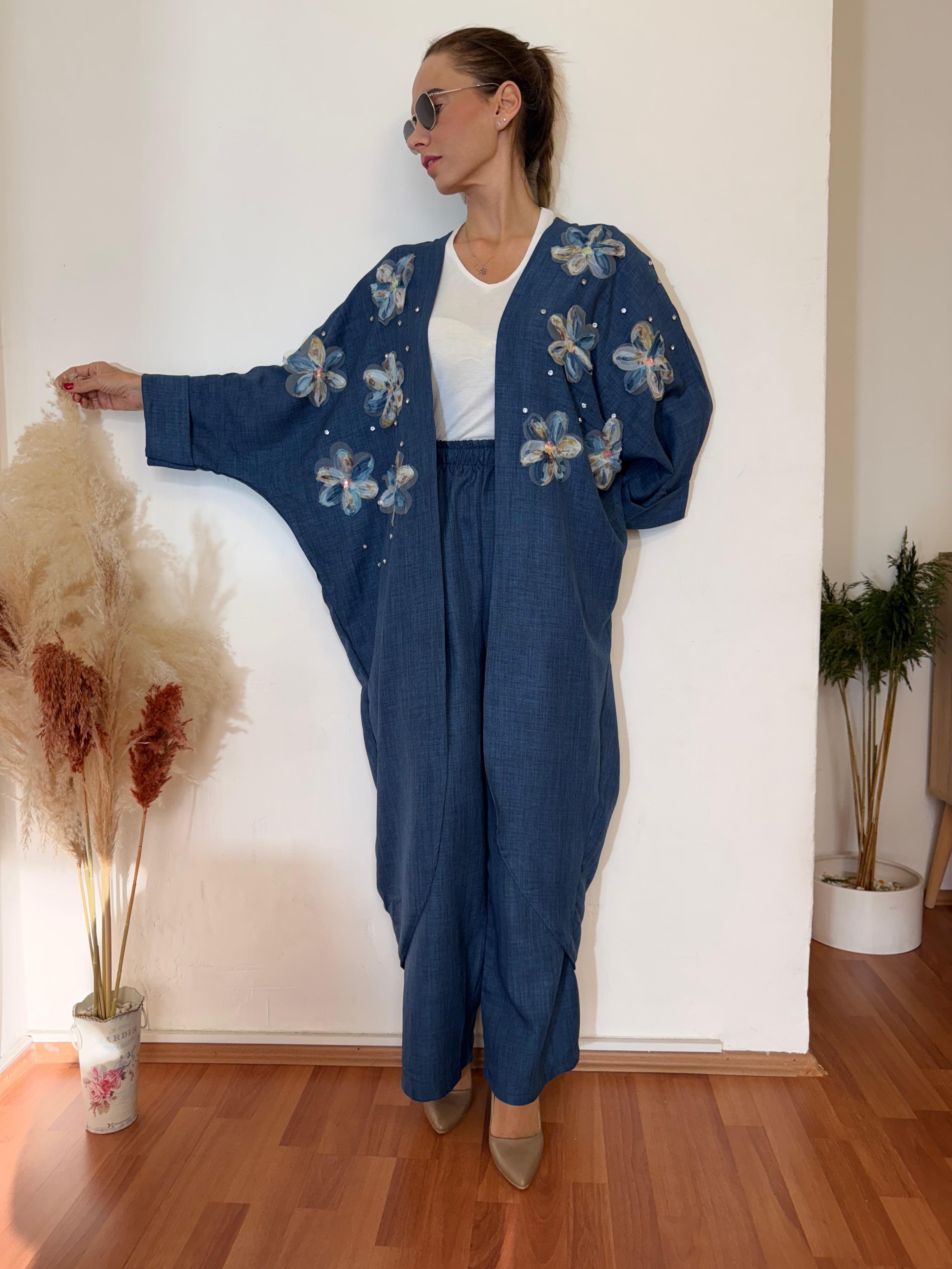 Este Tül Çiçek Aplikeli Oversize Kimono Pantolon Takım Rahat Kesim