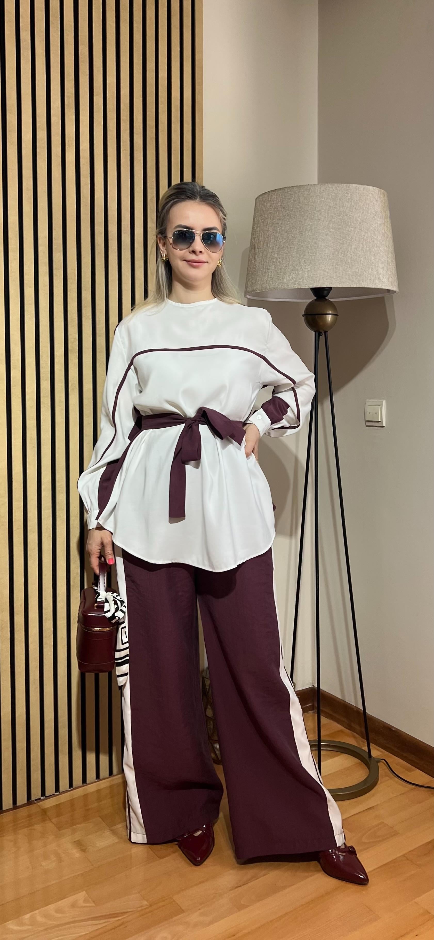 Lavin Premium Tnsl Kumaş Şerit Detaylı Kuşaklı Takım - Tesettür Uyumlu Pantolonlu Takım