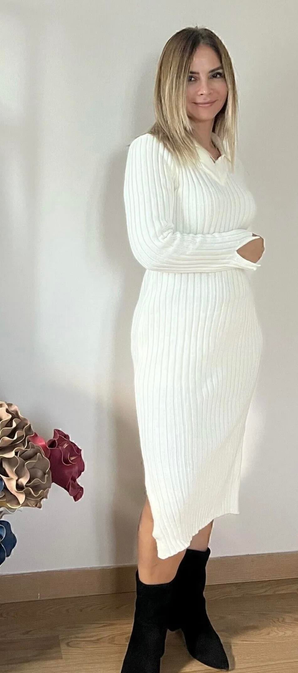 Polo Yaka Kol Ve Yıtmaç Detaylı Kalın Triko Elbise Beyaz