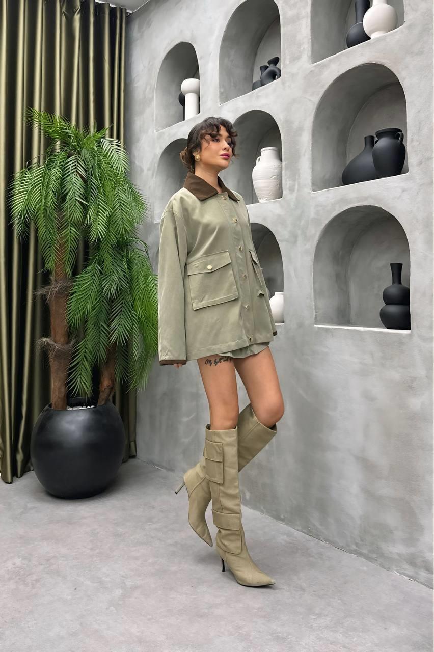 Premium Kalite Kadife Yaka Oversize Kadın Ceket Trençkot