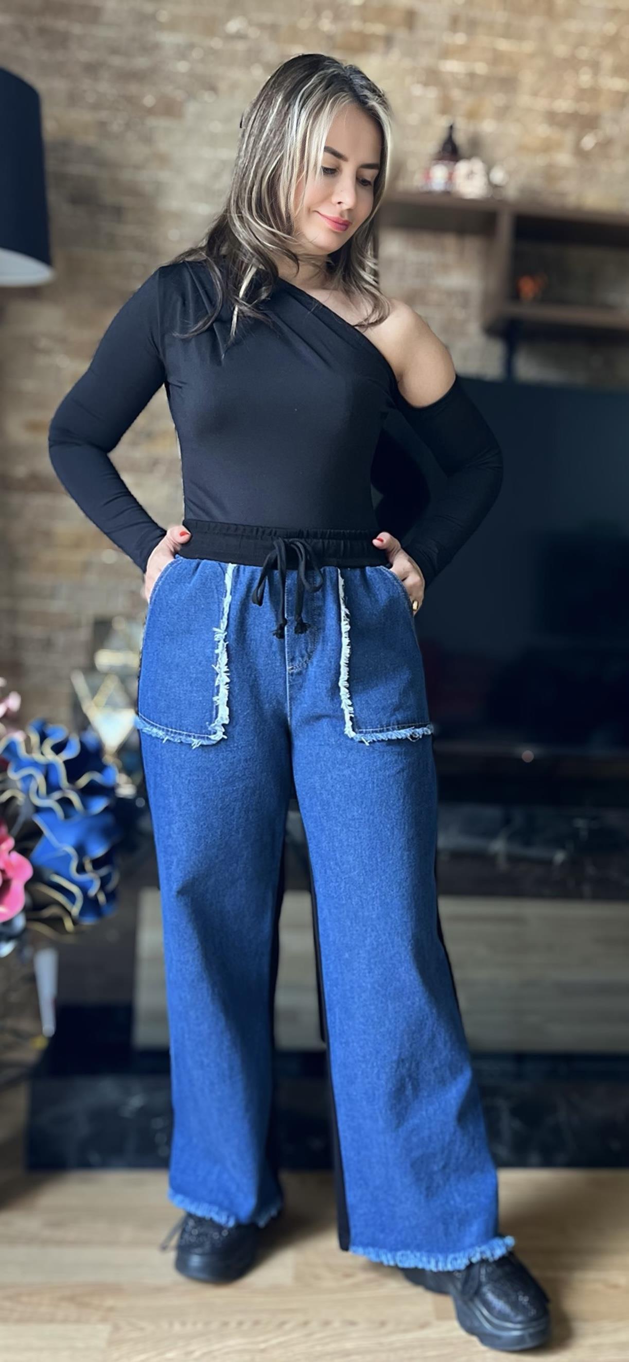 Premium Kalite Yarasa Cep Denim Detaylı Tasarım Geniş Paça Pantolon