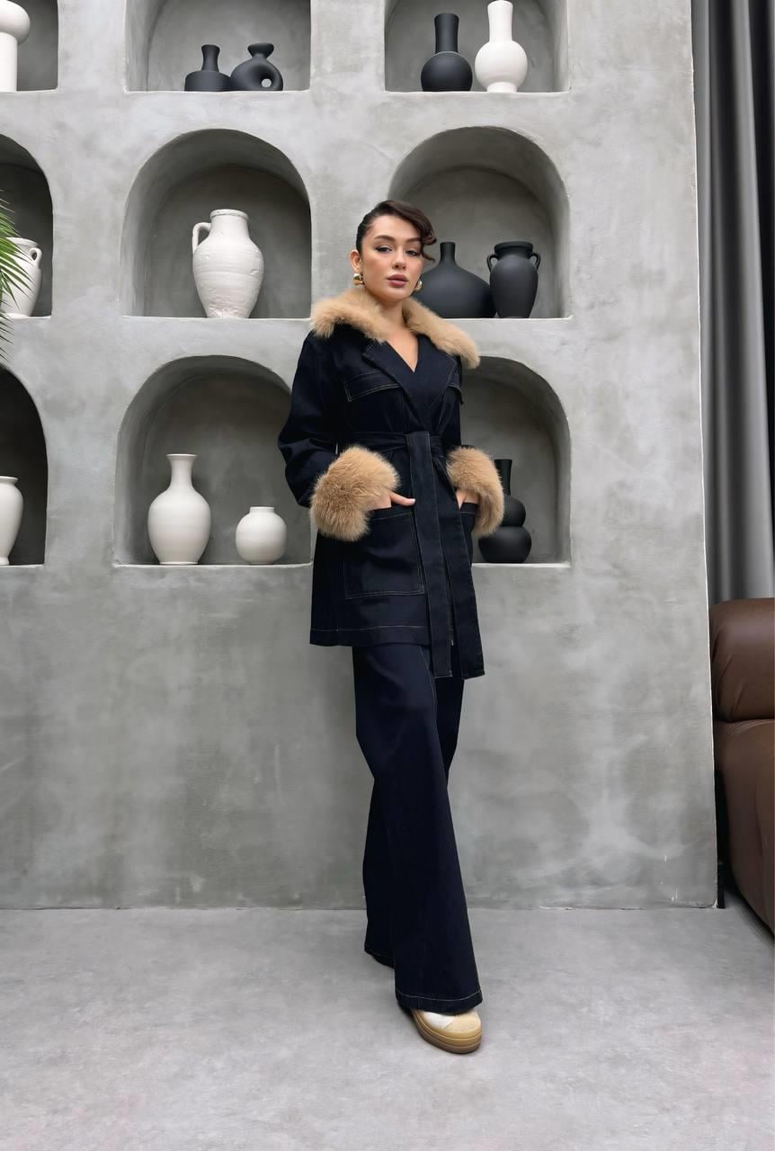 Yaka ve Kolda Kürk Detaylı Denim İkili Takım | Pantolon Ceket Kadın Kot Takım